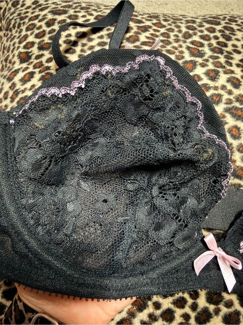 NWT Victoria Secret Black Lace Unlined Bra with Pink Trim
